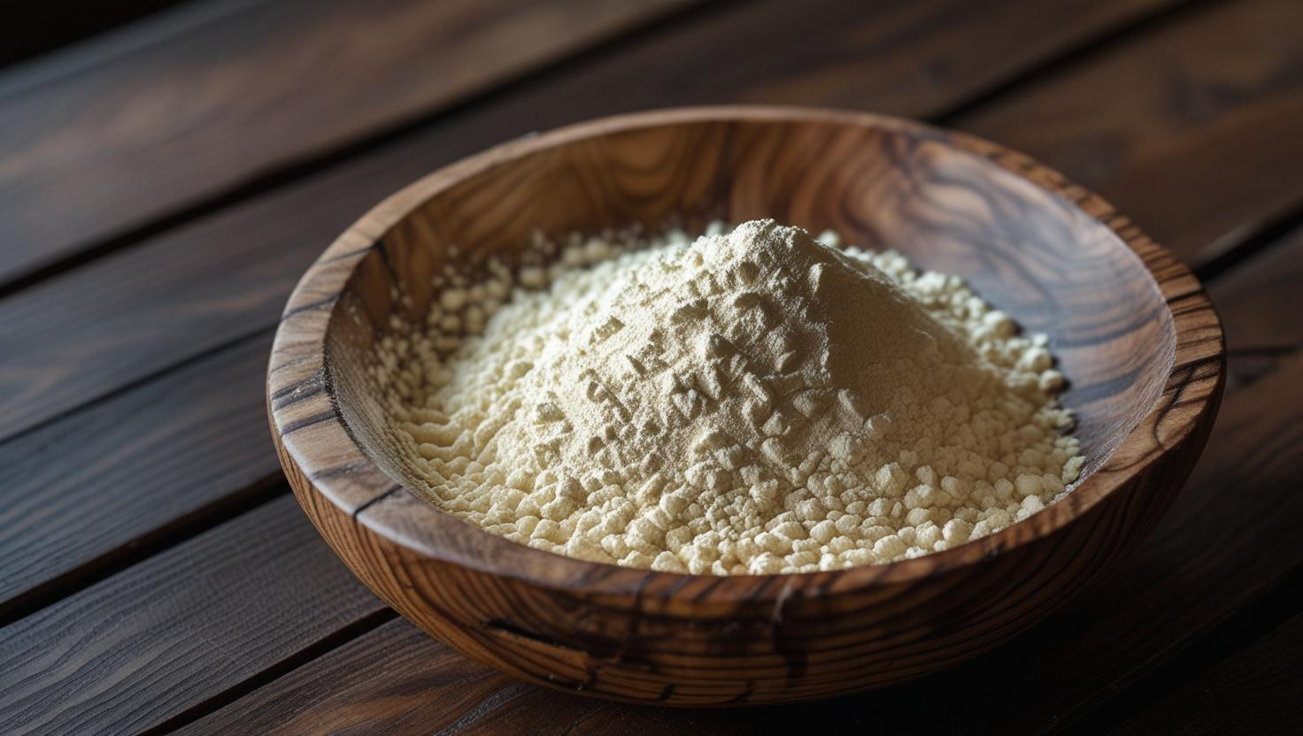 Bioactive keratin powder in a wooden bowl